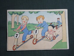Képeslap,grafikai,gyerek modell,roller verseny,1950-