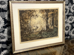 Csergezán Pál - Szarvasok az erdő mélyén, Akvarellel színezett rézkarc, Rudli, Gemenc
