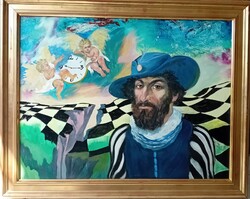 Przudzik József (1926-2019) : Szakálas kalapos portré 2 puttóval  MAGELLÁN ?