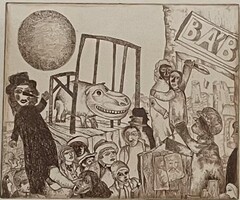 Engel Tevan István (1936-1996): Vízilovas-bábos (csodás miniatűr rézkarc keretezve)