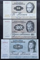 Ritka! Dánia 10 + 20 + 50 Kroner / Korona sor 1972, AUNC-UNC.