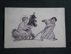 Képeslap,Márton Lajos grafika,ünnep,karácsony,gyerek modell,angyal,Szalézi művek kiadás,1940-