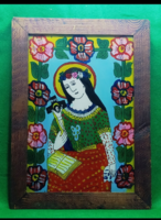 Antik erdélyi ,üveg ikon ,fa keretben :Szent Erzsébet 19 sz vége