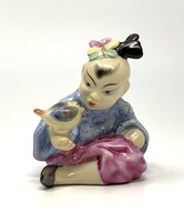 Herendi kínai kislány madárral jelzett, kézzel festett porcelán figura (8.5cm) RZ
