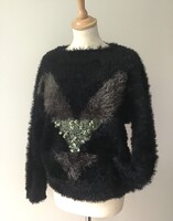 Olasz, fekete, kötött, hosszú szálú, női pulóver. 38-40