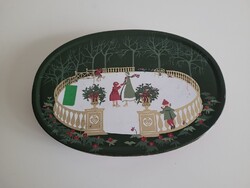 Régi fémdoboz karácsonyi ovális vintage doboz