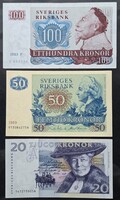 Svédország 20 + 50 + 100 Kronor, 1983, 1989, 1991, AUNC-UNC.