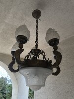 Antik Ebédlő csillár bronz Szobros figurális ,làng búràkkal ,1 alsó és 5 felső üveg búràval +1