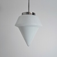 Art deco - Bauhaus nikkelezett mennyezeti lámpa felújítva - különleges formájú, kúpos tejüveg búra