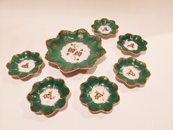 Régi Zsolnay porcelán mini tányér tálka kínáló desszertes kekszes készlet zöld arany minta babaház