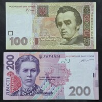 Ukrajna 100 + 200 Hriveny / Hrivnya 2005, 2014, AUNC.