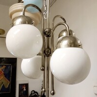 Art deco - Streamline - Bauhaus 4 karos nikkelezett csillár felújítva - tejüveg gömb búra