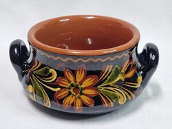 Hódmezővásárhelyi jelzett festett mázas kerámia kétfülű edény hibátlan állapotban 6,5 cm. magas