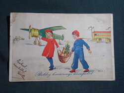 Képeslap,Bacsa János grafika,ünnepi,karácsony,repülőgép,repülőtér,gyerek modell,Barasits kiad,1940-