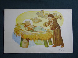 Képeslap,Márton Lajos grafika,ünnep,karácsony,gyerek modell,angyal,Kapisztrán kiadás,1940-