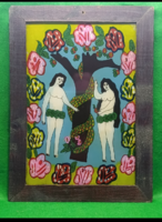 Antik erdélyi  üveg ikon ,fa keretben :Bűnbeesés története 19 sz vége