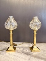 Páros Art Deco asztali lámpa – tömör réz talp, savmart üveg búrák, egyik búra sérült (kb. 1940)