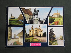 Képeslap,Románia,Cluj-Napoca,Kolozsvár,színház,templom,Mátyás király szobor,városi részlet,1970-