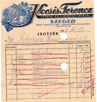 Számla, jegyzék: Kocsis Ferencz fűszer és csemege, Szeged 1941.