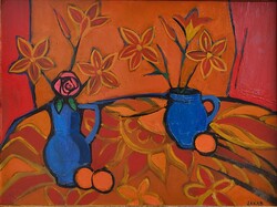 Jakab Eszter (1943 - 1989) Csendélet c Képcsarnokos olajfestmény EREDETI GARANCIÁVAL !!