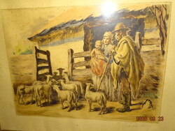 RITKA !!! RÉVÉSZ IMRE ( 1859 - 1945 ) : PARASZT CSALÁD BIRKÁKKAL NAGYMÉRETŰ SZÍNEZETT RÉZKARC