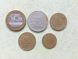 Franciaország 5 db Különböző Érme 5 és 10 Centimes 1 és 10 Francs Frank 1960-1990