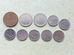 Franciaország 10 db Különböző Érme 1/2 1 10 Francs Frank 1966-1994