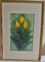 ÚJ AKCIÓ!! Macskássy Izolda - selyem kép, tulipánok
