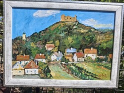 Szigliget tájkép olaj karton 35x50 cm olasz fehér-ezüst képkeret külméret 41,5x56,5 cm Bánfi