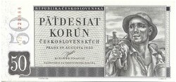 50 korun korona 1950 "A" fehér papir nem perforált Csehszlovákia 3. UNC