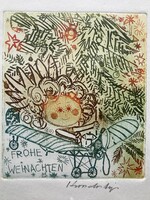 Kondor Lajos (1926–2006): Frohe Weichnachten - Boldog Karácsonyt! Színezett, jelzett, rézkarc
