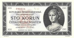 100 korun korona 1945 május három pici lyuk Csehszlovákia UNC