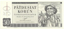 50 korun korona 1950 "B" sárga papir nem perforált Csehszlovákia 2. UNC