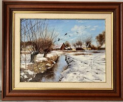 Dabronaki Károly 40x30 cm festmény tájkép Téli táj