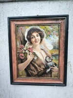 Beautiful Young Lady Portrait with Cat in a Frame