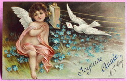 Antik dombornyomott Újévi üdvözlő képeslap - telefonozó angyalka , galamb 1906
