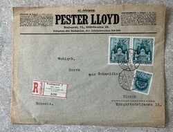 41 Pester Lloyd újságboríték – Ajánlott küldemény Budapest–Zürich, ritka nemzetközi posta