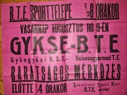 1930 körül, Gyöngyös - Balassagyarmat focimeccs plakátja, ritka
