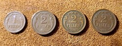 Magyar Királyság fillérek – 1 és 2 fillér (1925–1927), Horthy-kor” 4 db