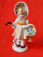Lippelsdorfi (GDR) esernyős, virágkosaras kislány porcelán figura