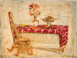 Galamb Grossova Erzsébet (Kassa, 1912 - Budapest, 1992): Csendélet szlovák szőttessel, 1980