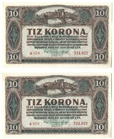 2 x 10 korona 1920 Sorszámkövetők aUNC 1.