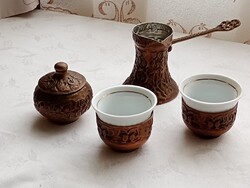 Kávéskészlet 01- bosnyák réz-porcelán kézzel készített 2 személyes vintage csésze dzsezva cukortartó