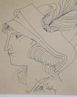 Szász Endre: Portré tollas kalapban tusrajz