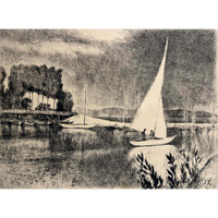 Varga Nándor Lajos (1895-1978) Balatonföldvári öböl - retró hangulatú életkép /számlát adunk hozzá/