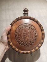 Antik magyar címeres faragott fa kulacs XIX. század