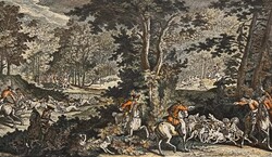 Vadászat - Londonból származó színezett rézkarc üvegezett keretben /számlát adunk hozzá/