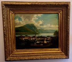 Antik festmény tájkép Gmunden és Traunsee látképe