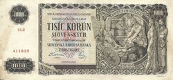 1000 korun korona 1940 Szlovákia nem perforált Ritka