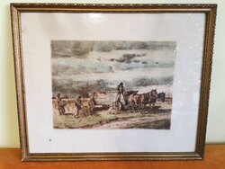 Vaszary János: Kukoricatörés – Kézzel, ceruzával jelzett rézkarc (XX. sz. eleje)